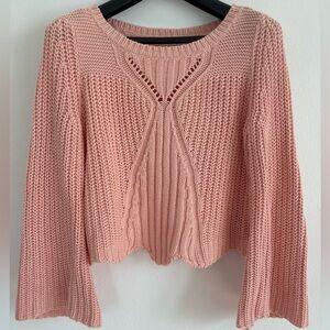 Aerie Sweater Womens MediumLight Pink Scalloped Hem Cropped Bell Sleeve‎ Preppy
